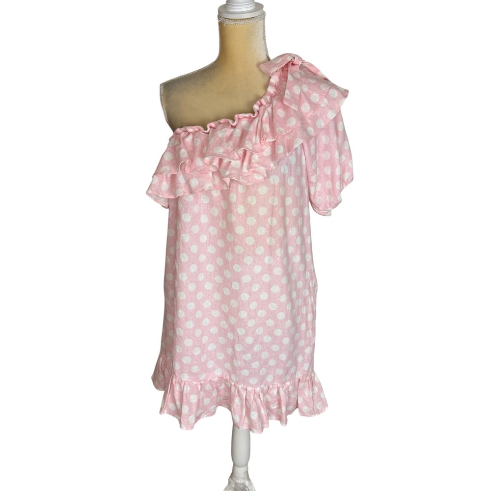 Lisa Marie Fernandez Pink Polka Dot Ruffle One Shoulder Linen Blend Dress Medium